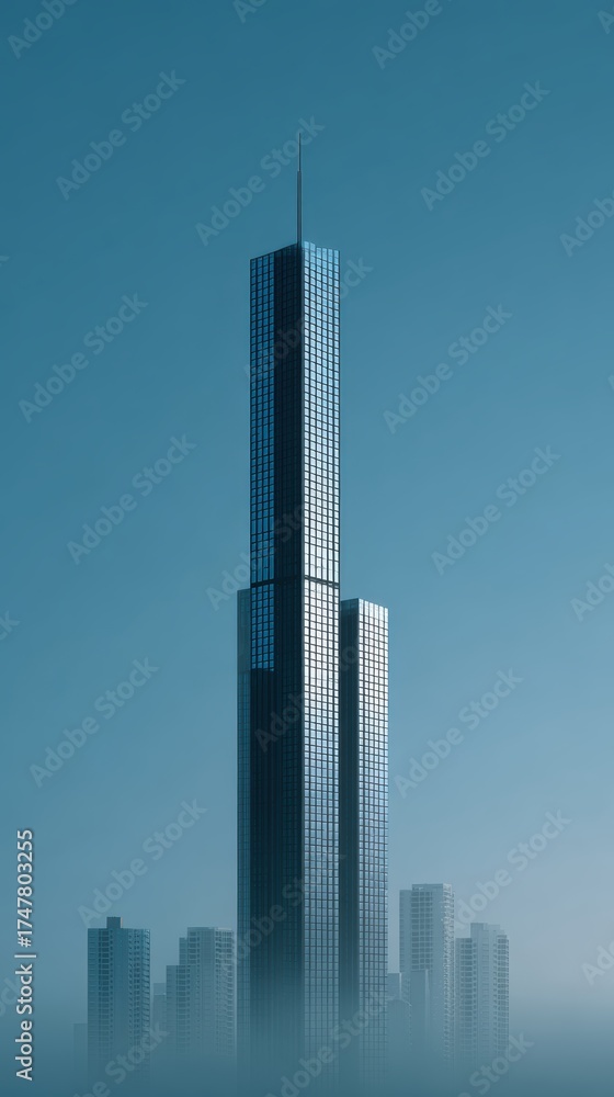 Obraz premium Majestic Skyscraper Surrounded by Misty Urban Skyline at Dusk