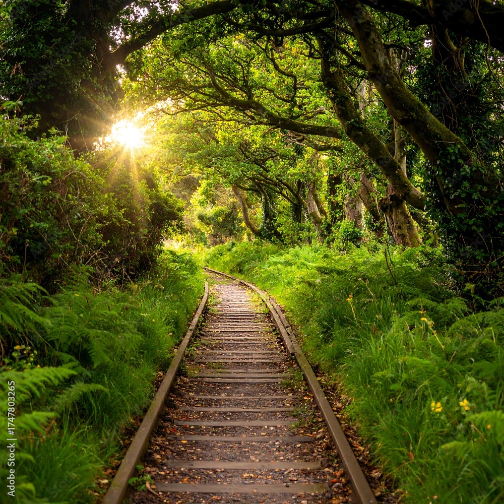 Obraz premium Wooden path leads into a sunlit forest with vibrant green foliage