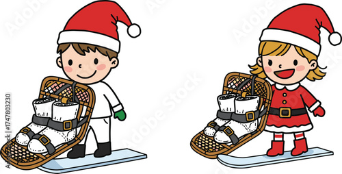 Cartoon Santa boy snowboarding, festive Santa girl snowshoeing, winter holiday sports illustration, Christmas characters in red outfits, holiday season fun, snow activity design