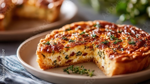 Quiche lorraine savory tart with bacon and thyme