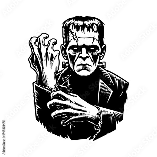 Frankenstein Monster Illustration in Black and White