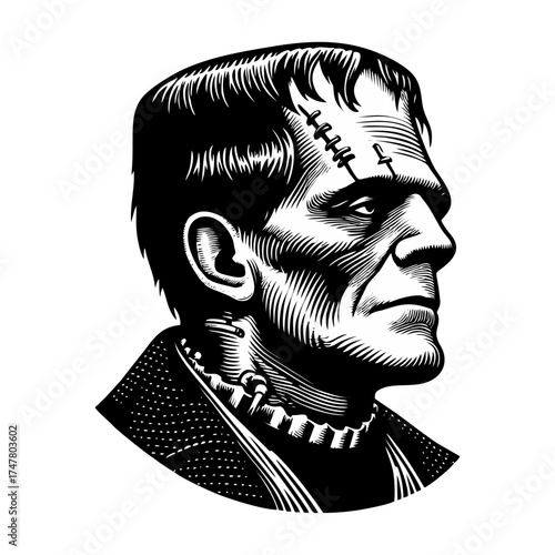 Frankenstein Portrait, Engraving Style Halloween Character