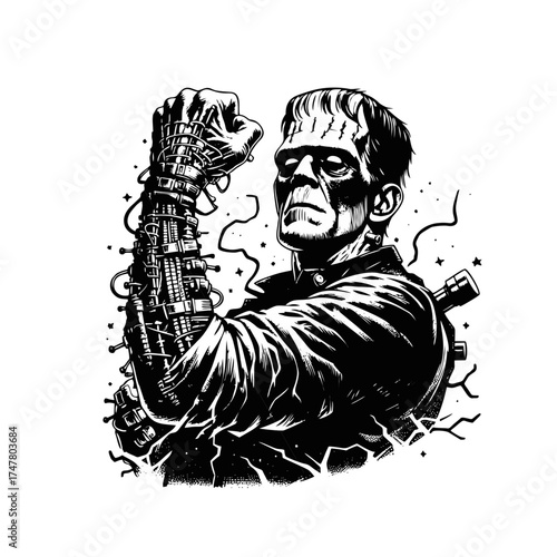 Frankenstein flexing bionic arm illustration