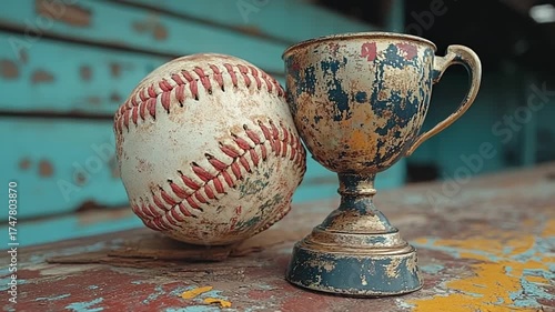 Vintage Baseball and Trophy on Distressed Table.