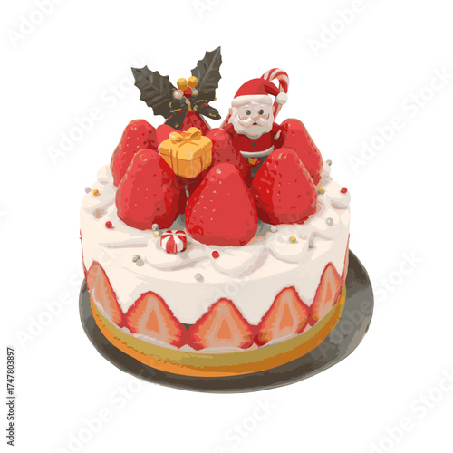 Japanese Strawberry Christmas Cake with Santa Figurine – Festive Holiday Dessert Illustration.3D render Blender render.