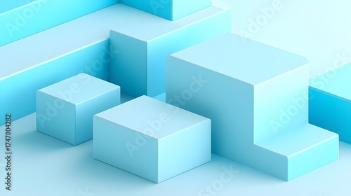 Minimalist light blue geometric shapes with cubes and platforms 3D rendering