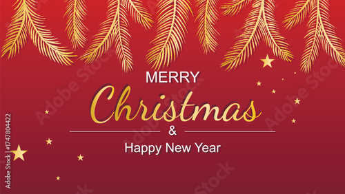 Merry Christmas and Happy New Year banner. Background with golden fir branches, stars and text. Vector graphics
