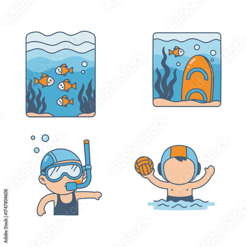 Cartoon Water Activities – Fish, Snorkeling, and Water Polo Illustration