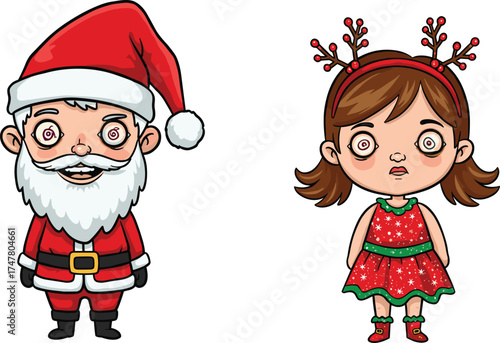Cartoon Santa Claus character with festive holiday outfit, cute reindeer antler girl in Christmas costume, cheerful holiday illustration for children, greeting cards, decorations, seasonal design