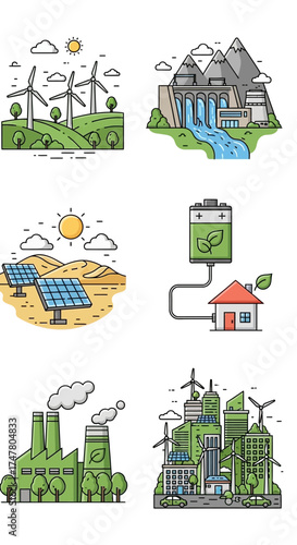 Set of illustrations depicting various sources of energy and environmental concepts.