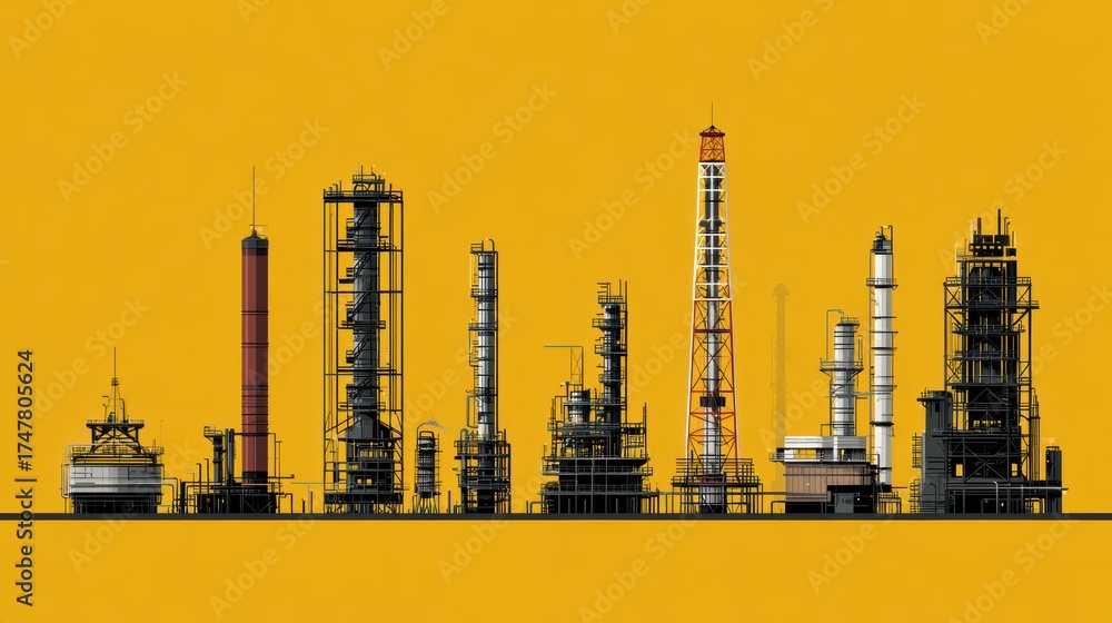 Obraz premium Detailed Illustration of Industrial Oil Refinery Against Yellow Background