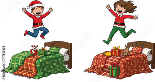 Christmas morning children jumping on festive decorated beds, joyful holiday celebration with Santa hat, gifts, reindeer toys, cozy blankets, cheerful kids, seasonal family happiness, excitement