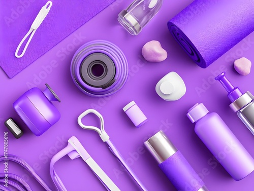 Purple Fitness & Wellness Supplies Flatlay, Yoga Mat, Bottles, and More