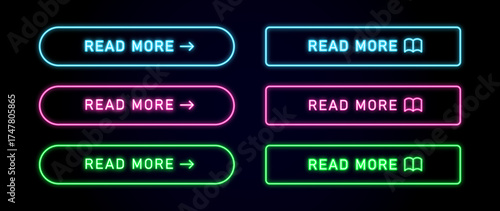 ネオンに光るREAD MORE/もっと読むボタンの三色セット（ベクター 編集可能）