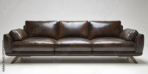 Elegant Brown Leather Sofa with Mid-Century Modern Design
