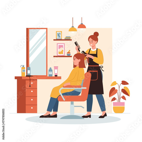 A hairstylist is cutting and styling a client's hair in a modern salon with a mirror and plants.
