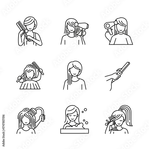 Hair styling and care icons set. Hairdressing, washing, drying, curling.
