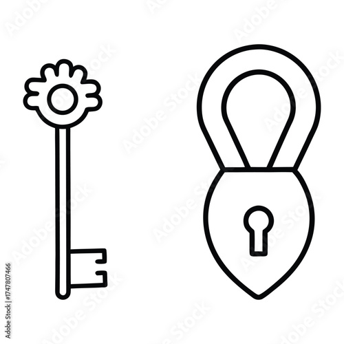 A simple line drawing of an antique key and a heart-shaped padlock.