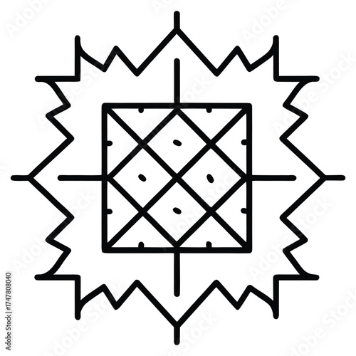 A black and white geometric symbol with a central gridded square and a jagged, sun-like border.