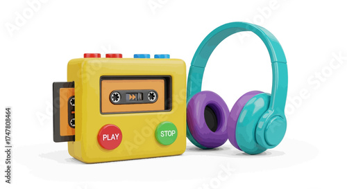 A colorful retro portable cassette player with a tape and turquoise headphones isolated on a white background.