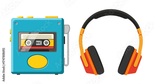 A vibrant blue retro cassette player with a yellow button next to a pair of orange and black over-ear headphones, isolated on a white background.
