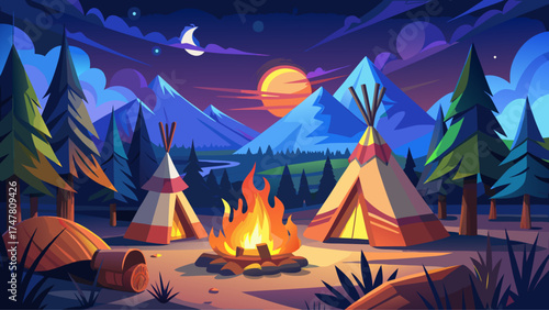 very beautiful A campfire burning brightly in a native american campsite at night with teepees around it