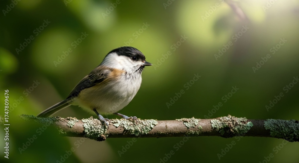 Naklejka premium Small bird perched on branch, sunlit