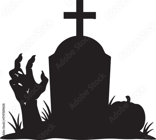 Spooky Halloween Gravestone Silhouette with Zombie Hand and Pumpkin Vector.