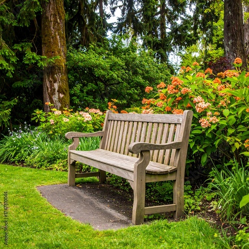 Wooden bench surrounded by lush greenery in a garden setting
