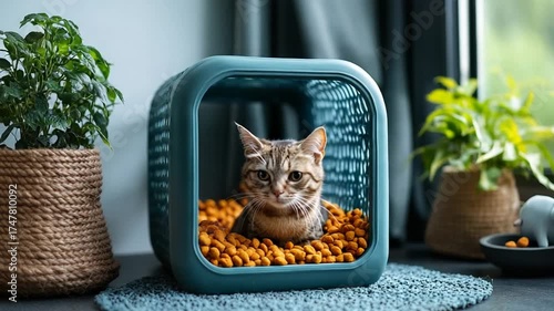 Adorable Bengal Cat Relaxing in a Cozy Pet Carrier Filled with Dry Food.
