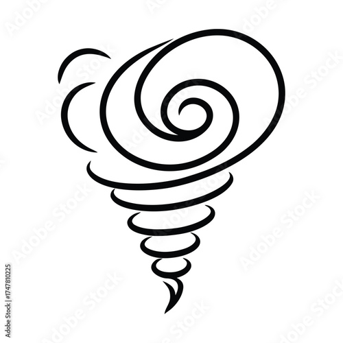 Stylized black and white line art drawing of a swirling vortex or tornado, representing wind or a powerful natural phenomenon.