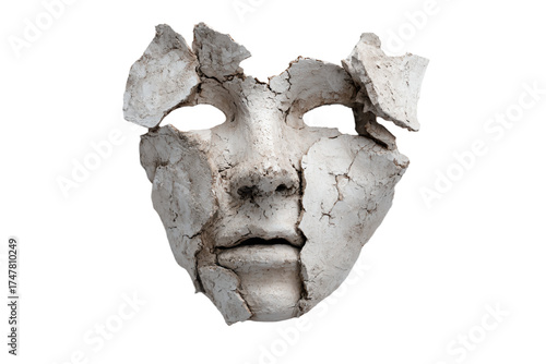 Shattered stone face mask breaking into pieces.