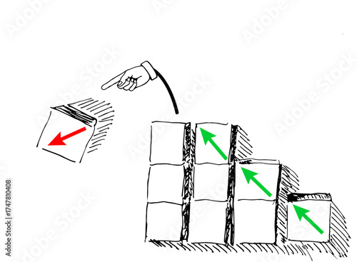Arrow pointing in wrong direction and hand correcting mistake, conceptual hand-drawn illustration about analysis, decision making, strategy and business management