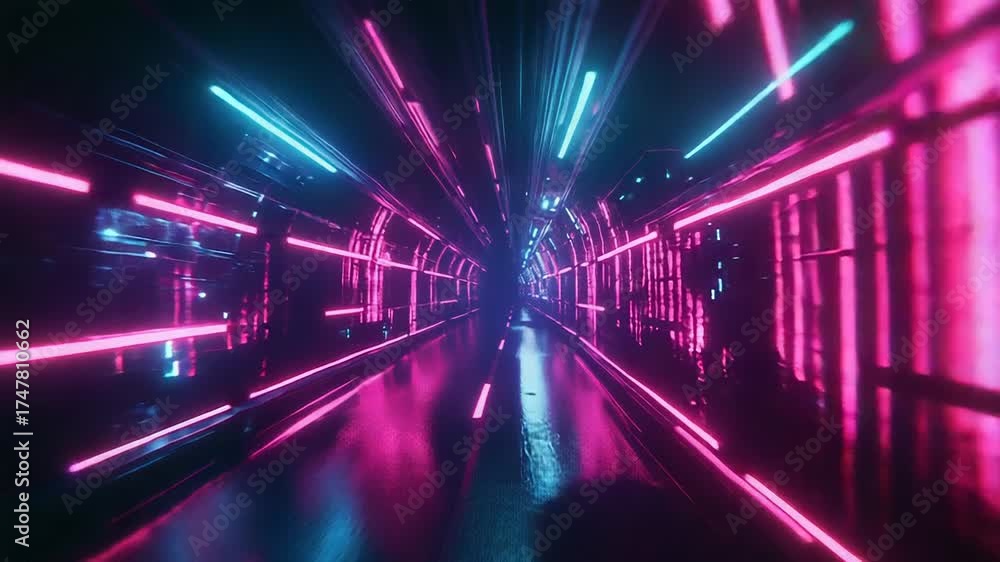Futuristic city tunnel with vibrant neon lights