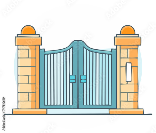 Illustration of a double gated entrance with stone pillars and decorative tops
