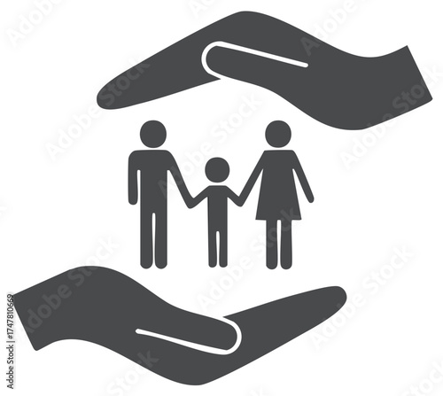Family protection symbol with hands safeguarding parents and child silhouette