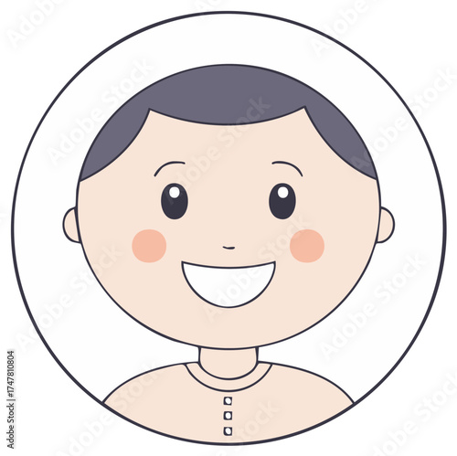 Cartoon young boy with cheerful smile and rosy cheeks in a circular frame