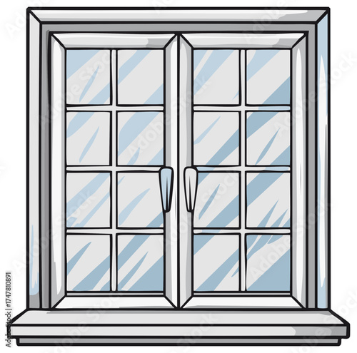 Cartoon illustration of a white double window with blue panes