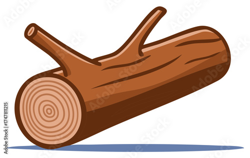 Stylized brown log with branches and visible growth rings on a white background