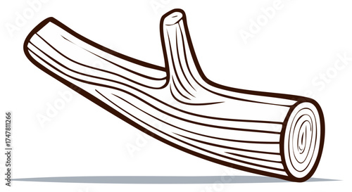 Cartoon wooden log illustration with branch and tree rings outline drawing