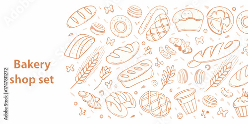 Hand drawn bakery shop elements collection featuring bread pastries and sweets in a simple outline style