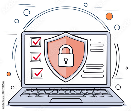 Digital Security Concept Illustration with Laptop, Shield, and Padlock Icon