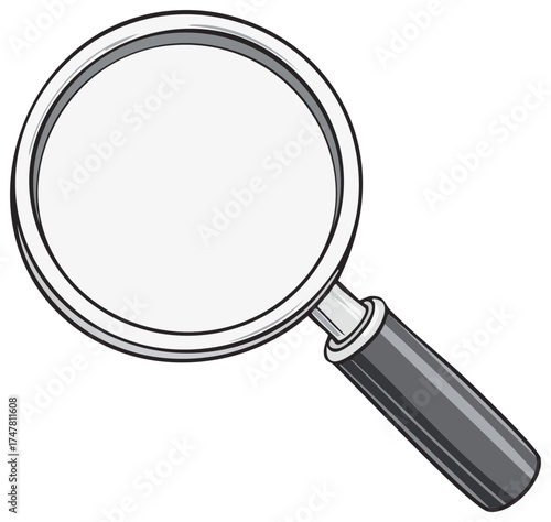 Classic magnifying glass with a metal frame and black handle for inspection and discovery