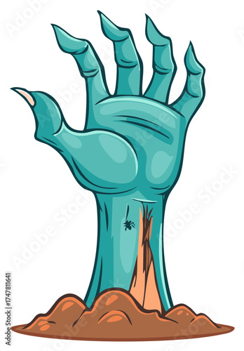 Cartoon illustration of a spooky zombie hand with claws rising from the grave