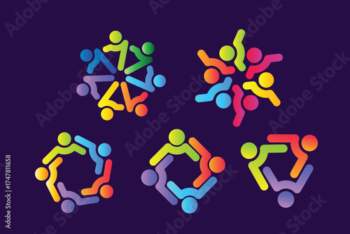 Colorful abstract with 3-7 icon figures representing teamwork and unity, featuring human figures forming circular shapes. Vibrant gradients symbolize collaboration, diversity, and community connection