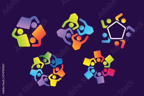 Colorful abstract with 3-7 icon figures representing teamwork and unity, featuring human figures forming circular shapes. Vibrant gradients symbolize collaboration, diversity, and community connection