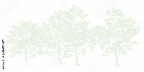 Minimalist light green silhouette of deciduous trees with textured foliage and grass on a white background