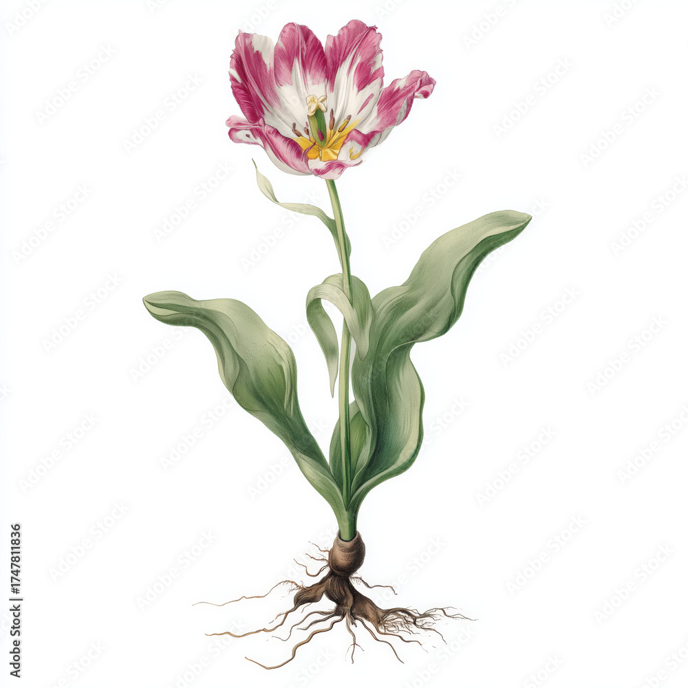 Obraz premium Scientific botanical watercolor illustration of tulip flower with detailed petals, leaves, and stem in realistic hand painted style on white background