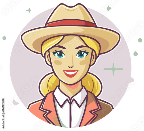 Smiling cartoon woman with blonde hair and a fedora hat. Vector portrait of a friendly adventurer character.