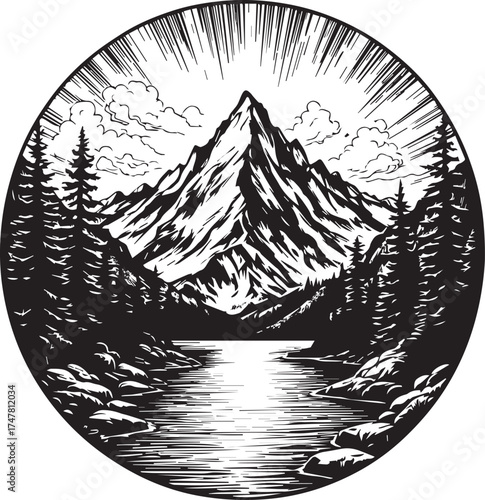 Majestic Mountain Vista: A striking, monochromatic illustration showcasing a towering mountain range mirrored in a serene lake, framed by a circle and evoking a sense of wonder and grandeur.